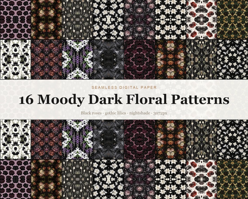 Moody Dark Floral Patterns digital paper bundle