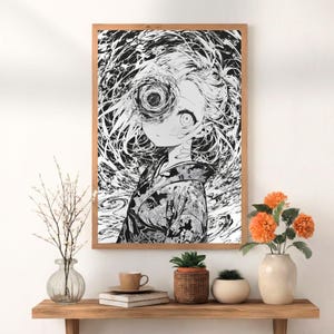 May include: Black and white anime-style artwork in a wooden frame. The illustration features a young person with a swirling eye design. The person is wearing a patterned kimono. The artwork is displayed on a white wall above a wooden shelf.
