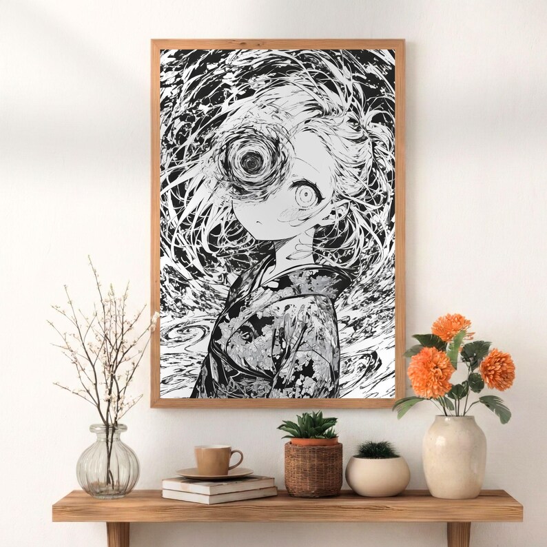May include: Black and white anime-style artwork in a wooden frame. The illustration features a young person with a swirling eye design. The person is wearing a patterned kimono. The artwork is displayed on a white wall above a wooden shelf.