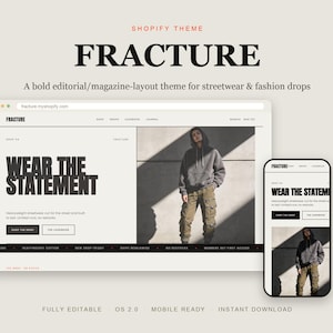 Tema Shopify Streetwear, modello editoriale di moda audace, layout magazine per sito web OS 2.0, download immediato.