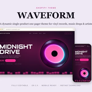 May include: A digital display of the Waveform Shopify theme featuring a dark purple interface with a glowing pink vinyl record graphic. The layout includes the text Midnight Drive, navigation menus, and a mobile view showing a responsive design.