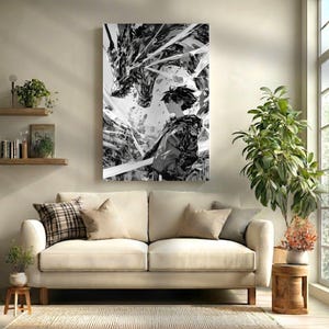 May include: Black and white artwork of a person facing a dragon. The dragon is depicted with sharp, angular features, and the person is in a dynamic pose. The artwork is displayed above a cream-colored sofa.