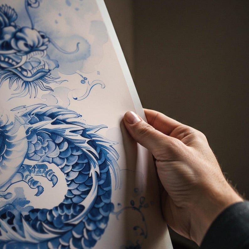 Asian Wall Art Print, Blue Dragon Poster, Traditional Eastern Decor, Digital Download image 2