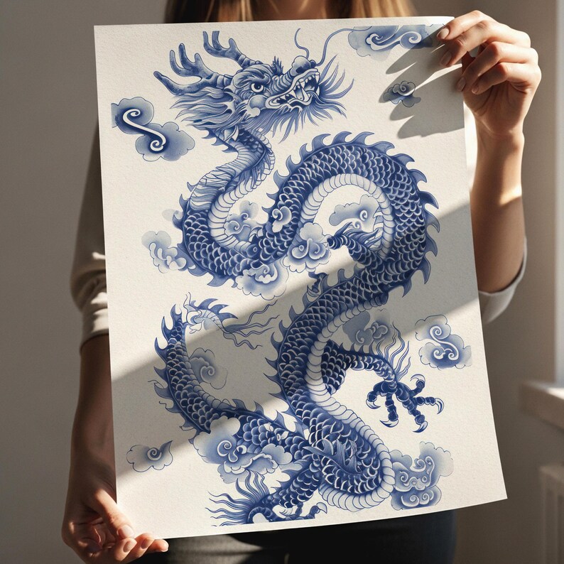 Lámina decorativa asiática con diseño de dragón azul, descarga digital tradicional. imagen 3