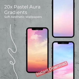 May include: Three smartphones displaying pastel gradient wallpapers. The phones have black borders and are arranged against a gray textured background. Text reads "20x Pastel Aura Gradients" and "Soft Aesthetic Wallpapers". A red banner says "Instant Download".