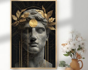 May include: Framed art print featuring a classical bust with a gold laurel wreath and a gold circle above the forehead. The background is black with gold lines, creating a striking contrast. The artwork is in a wooden frame.