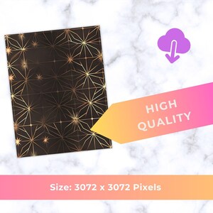 May include: A dark brown background with a gold geometric starburst pattern. A pink and orange banner with the words "HIGH QUALITY" is in the image. A purple cloud icon with a downward arrow is also present.