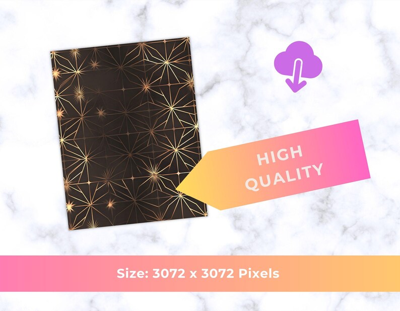May include: A dark brown background with a gold geometric starburst pattern. A pink and orange banner with the words "HIGH QUALITY" is in the image. A purple cloud icon with a downward arrow is also present.