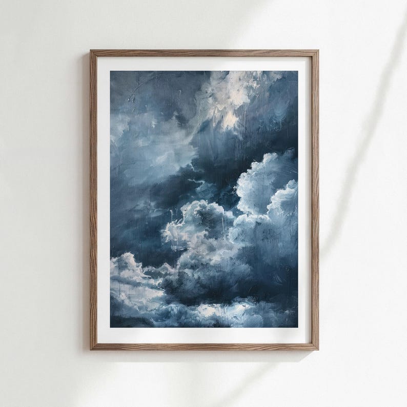 Lámina decorativa abstracta azul oscuro para pared, cielos tormentosos, descarga digital, decoración moderna para el hogar (descarga digital) imagen 1