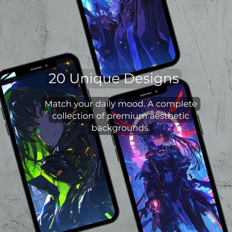 May include: Three smartphones displaying anime-style digital art. The phones show various designs with a dark aesthetic. Text on one phone reads "20 Unique Designs" and "Match your daily mood. A complete collection of premium aesthetic backgrounds."