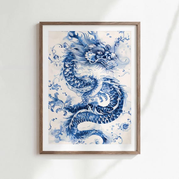 Asian Wall Art Print, Blue Dragon Poster, Traditional Eastern Decor, D