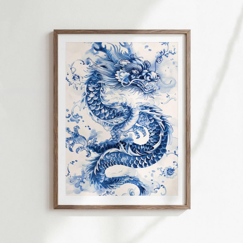 Asian Wall Art Print, Blue Dragon Poster, Traditional Eastern Decor, Digital Download image 1