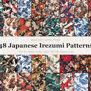 May include: A collection of 48 seamless digital paper patterns featuring Japanese Irezumi designs. The grid displays various motifs including tigers, koi fish, dragons, hannya masks, and sakura flowers in red, black, blue, and white color palettes.