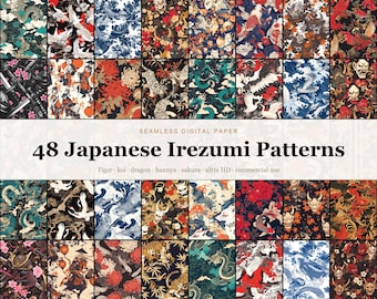 Japanese Irezumi Seamless Digital Paper Bundle, 48 Tiger Koi Dragon Hannya Tattoo Patterns, Dark Japanese Backgrounds, Commercial Use