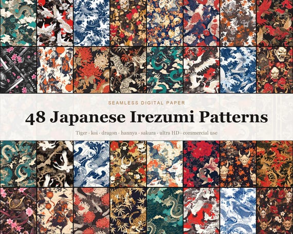 Japanese Irezumi Seamless Digital Paper Bundle, 48 Tiger Koi Dragon Ha