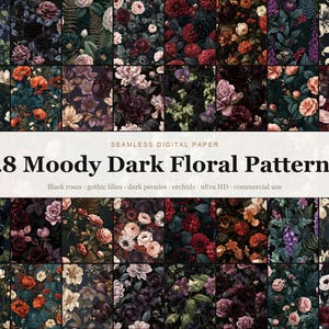 May include: A collection of 48 seamless digital paper floral patterns featuring dark, moody arrangements of roses, lilies, peonies, and orchids in shades of deep red, purple, black, and cream, with text reading 48 Moody Dark Floral Patterns.