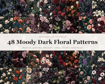 Moody Dark Floral Seamless Digital Paper Bundle, 48 Gothic Black Rose Lily Peony Orchid Patterns, Dark Botanical Backgrounds, Commercial Use