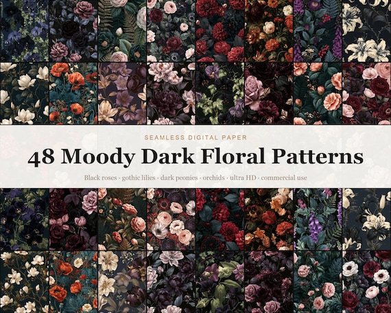 Moody Dark Floral Seamless Digital Paper Bundle, 48 Gothic Black Rose Li