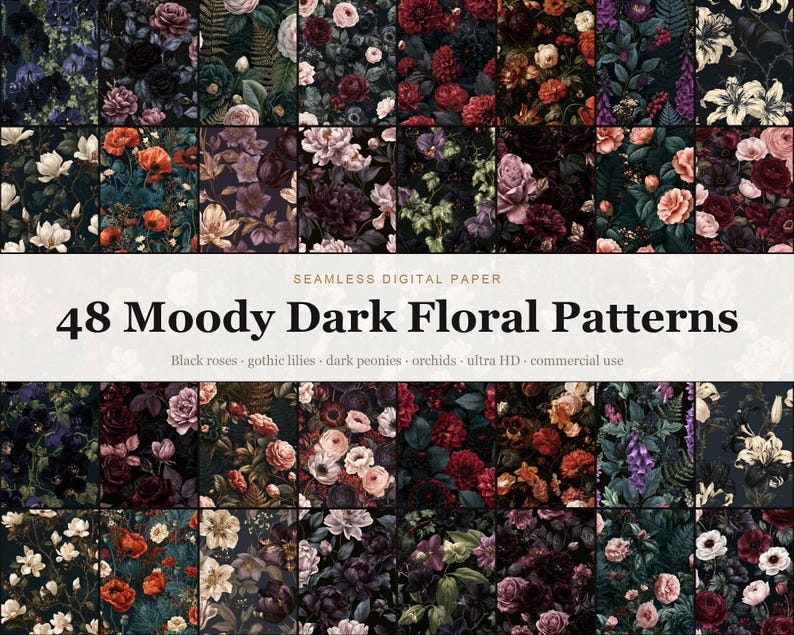 Moody Dark Floral Patterns digital paper bundle