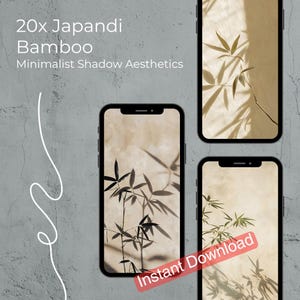 Puede incluir: Cuatro smartphones que muestran la estética de sombras de bambú Japandi. Las pantallas presentan fondos beige con siluetas de bambú negro. La imagen incluye el texto "20x Japandi Bamboo Minimalist Shadow Aesthetics" y "Instant Download".