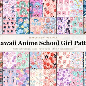 Kawaii Anime School Girl Patterns digital paper bundle