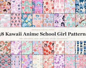 Kawaii Anime School Girl Seamless Digital Paper Bundle, 48 Cute Chibi Pastel Sailor Uniform Sakura Patterns, Manga Backgrounds, Commercial U