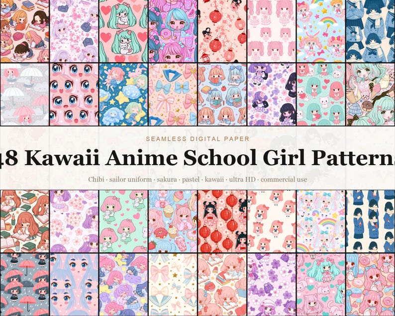 Kawaii Anime School Girl Patterns digital paper bundle