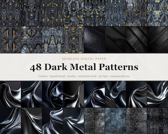 Dark Metal Seamless Digital Paper Bundle, 48 Carbon Fiber Liquid Metal Mecha Industrial Patterns, Sci-Fi Scrapbook Paper, Commercial Use