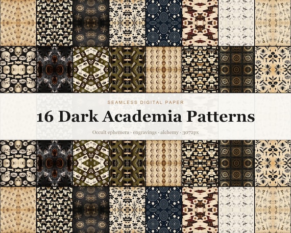 16 Dark Academia Seamless Patterns, Occult Vintage Ephemera Digital Pape
