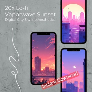 Puede incluir: Tres teléfonos inteligentes que muestran la estética del horizonte de la ciudad digital con un tema de puesta de sol vaporwave. Los teléfonos muestran una combinación de colores rosa y púrpura con el texto "20x Lo-fi Vaporwave Sunset Digital City Skyline Aesthetics" y "Instant Download".