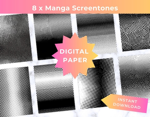 8 Manga Screentone Seamless Patterns, Halftone Dot Digital Paper, Comic 