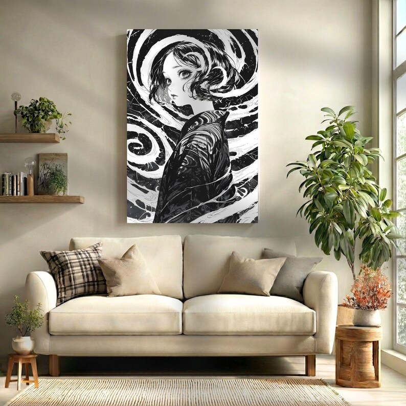 May include: Black and white artwork of a woman with short, curly hair, set against a swirling background. The artwork is displayed on a wall above a cream-colored sofa. The woman is wearing a patterned garment.