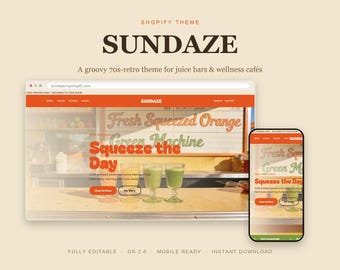 Sundaze Shopify Theme, Groovy 70s Retro Juice Bar Website (Instant Download)