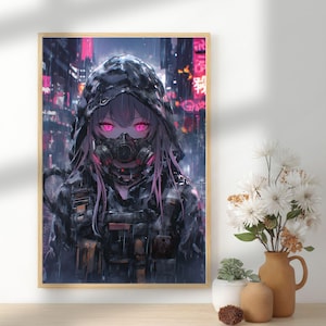 May include: Framed artwork featuring an anime-style character with pink eyes and a gas mask, wearing a hooded jacket and tactical vest. The background depicts a rainy cityscape with neon signs, creating a cyberpunk aesthetic.