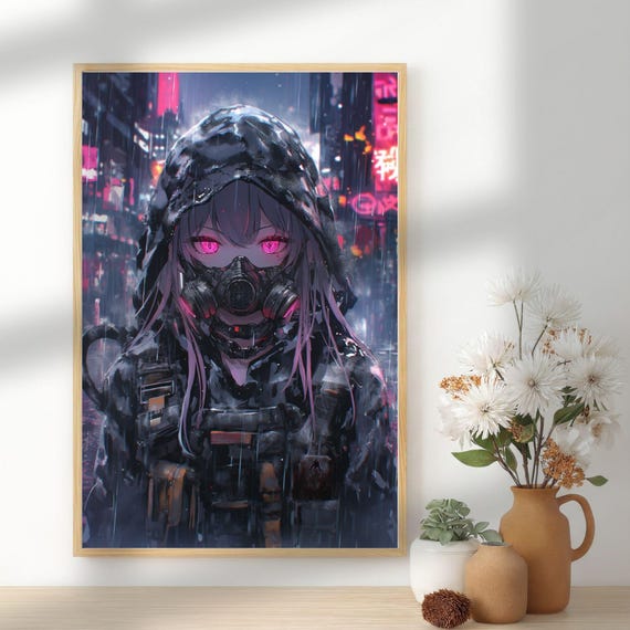 Anime Art Print Tactical Goth Girl Triptych, Edgy Techwear Waifu Wall 