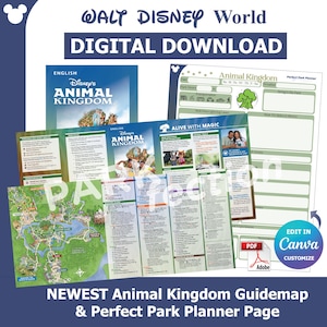 Pode incluir: Um conjunto de downloads digitais para o Animal Kingdom da Walt Disney World. Inclui um guia, páginas de planejamento e uma capa com "Disney's Animal Kingdom". O texto "NEWEST Animal Kingdom Guidemap & Perfect Park Planner Page" também é visível.