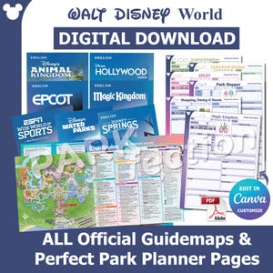 Disney Park Maps NEWEST & Customizable Page Planner Bundle | Instant Download | Canva Customize | Fillable PDF or Print | WDW Vacation Plan