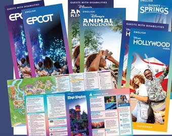 Puede incluir: Una colección de guías de Walt Disney World, incluyendo Epcot, Animal Kingdom, Hollywood Studios y Magic Kingdom. Los mapas presentan imágenes y texto coloridos, con las palabras "Guests with Disabilities" y "Guidemaps" visibles.