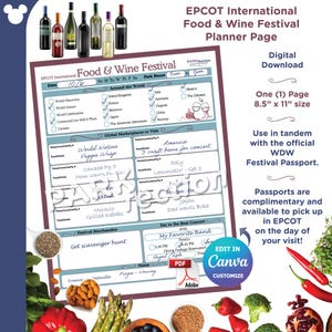 EPCOT Food & Wine Festival Planning Page Digital Download | Canva Customizable | Print out | Fill out pdf file | Disney World | WDW
