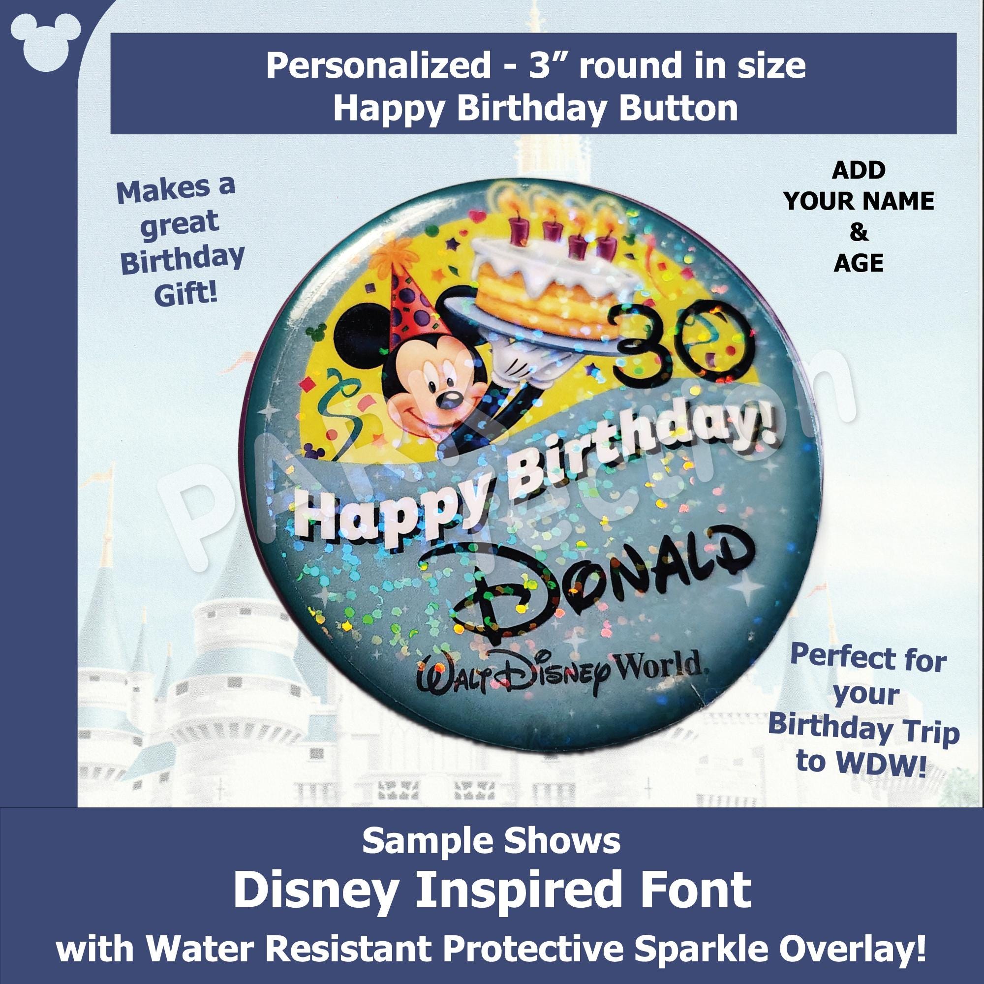 Personalized DISNEY WORLD Button | Black Vinyl Text With Sparkle