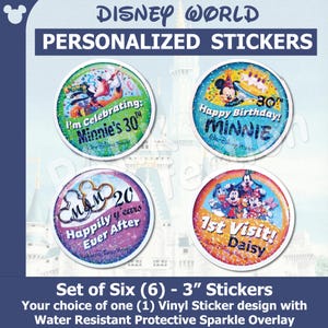 Personalized Disney World Inspired 3" Stickers | Set of 6 w/Sparkle Overlay | Happy Birthday, I'm Celebrating, 1st Visit, Happily Ever After