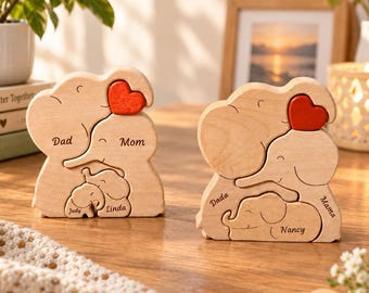 Wooden Elephant Family Puzzle, Custom Elephant Statue, Engraved Family Name Decor, Gift for Parents, New Mom Gifts, Anniversary Gift for Her
