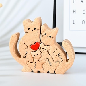 Custom Wooden Cat Family Puzzle, Cat Family Figurines, Engraved Family Name Keepsake, Gift for Cat Lovers, Wedding Anniversary Gifts for Her