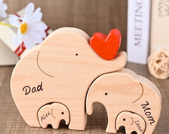 Custom Family Name Puzzle, Personalized Elephant Gift for Her, Wooden Animal Keepsake, New Dad Gift, 1st Fathers Day, Baby Nursery  Decor