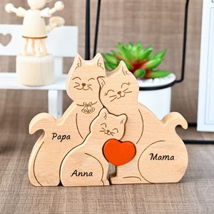 Personalized Wooden Cat Family Puzzle, Engraved Family Figurines, Wood Cat Decor, Gift for Cat Lovers, Wedding Anniversary Gifts for Her