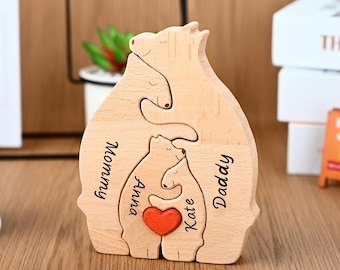 Wooden Bear Family Puzzle, Custom Name Engraved Gift for Mom Dad Kids, Animal Family Home Decor, Bear Family Figurines, Gift to The Family