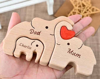 Puzzle personalizzato con famiglia di elefanti, regalo in legno ricordo per la famiglia, ideale per i genitori, regalo per il papà dai figli, regalo per gli amanti degli elefanti, regalo per la festa del papà.