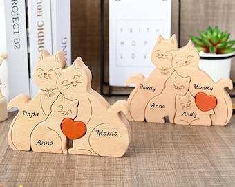 Puzzle personnalisé en bois pour la famille des chats, cadeau souvenir de famille chat gravé, cadeau d'anniversaire pour maman et femme, cadeau pour amoureux des chats, cadeau de fête des mères