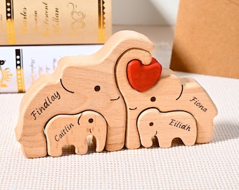 Personalized Elephant Family Puzzle, Wooden Animal Family Puzzle, Custom Name Engraved Gift for Mom Dad Kids, Eco Friendly Toddler Toy