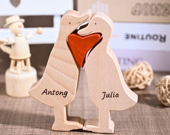 Drewniana rzeźbiona puzzle z kaczką, drewniana dekoracja z kaczką, ozdoba z kaczką, prezent ślubny z kaczką, prezent dla młodej pary, prezent rocznicowy dla mamy i żony